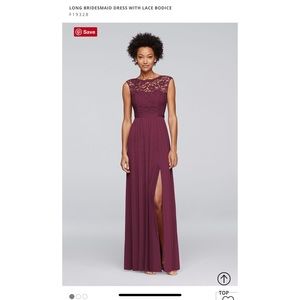 David’s Bridal wine bridesmaid dress Style F19328